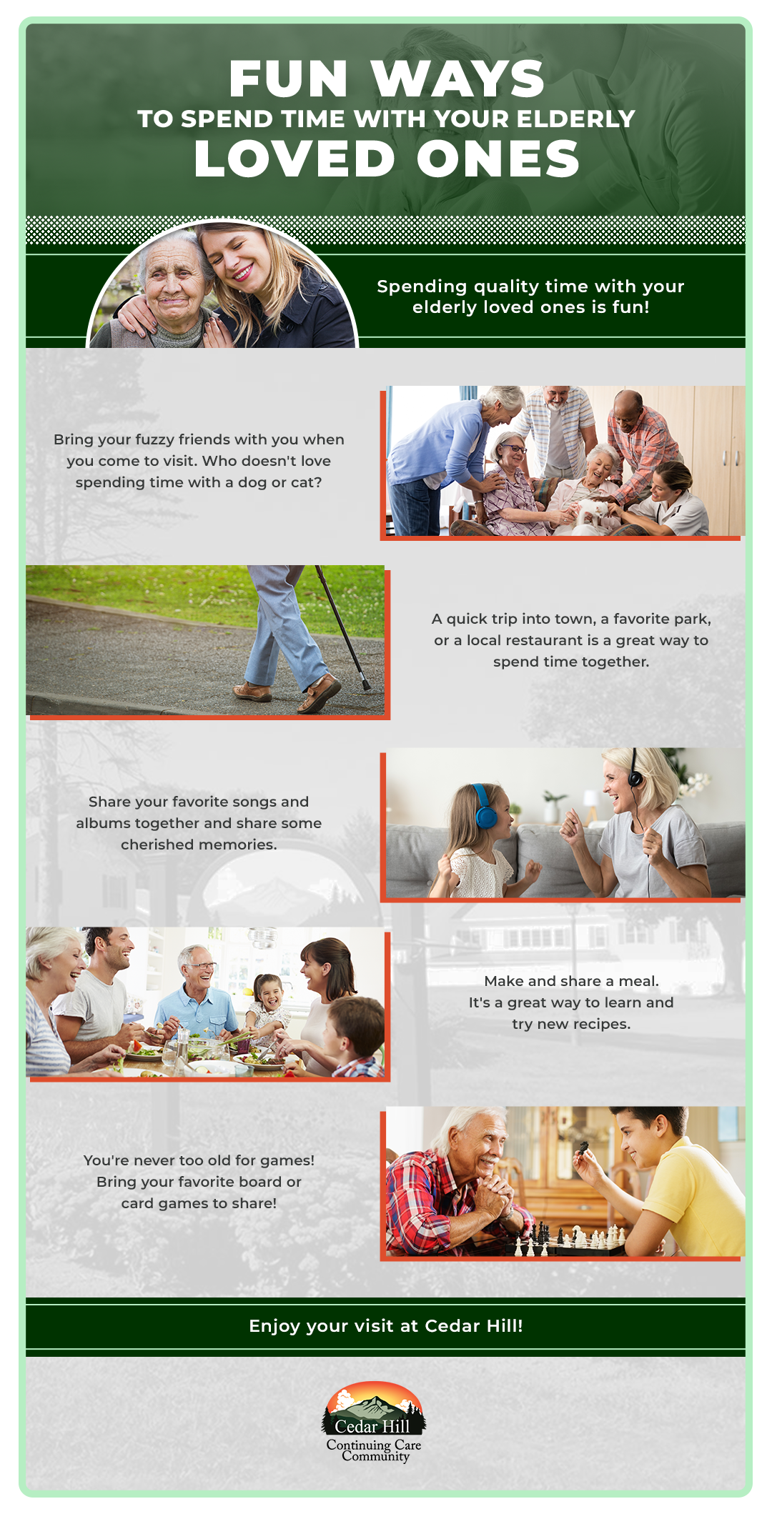 Infographic: Fun ways to spend time with loved ones, including eating, walking, and playing games.