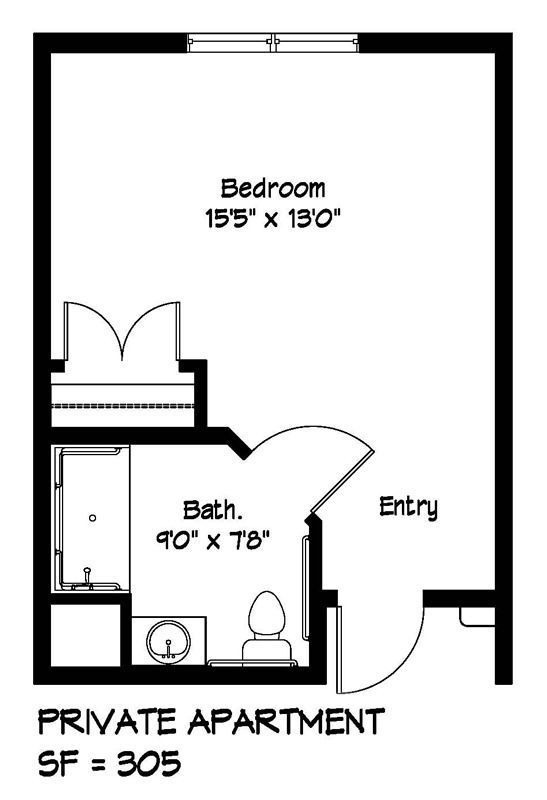 Floor plan of a private apartment with a bedroom, bathroom, and entry; total square footage is 305.