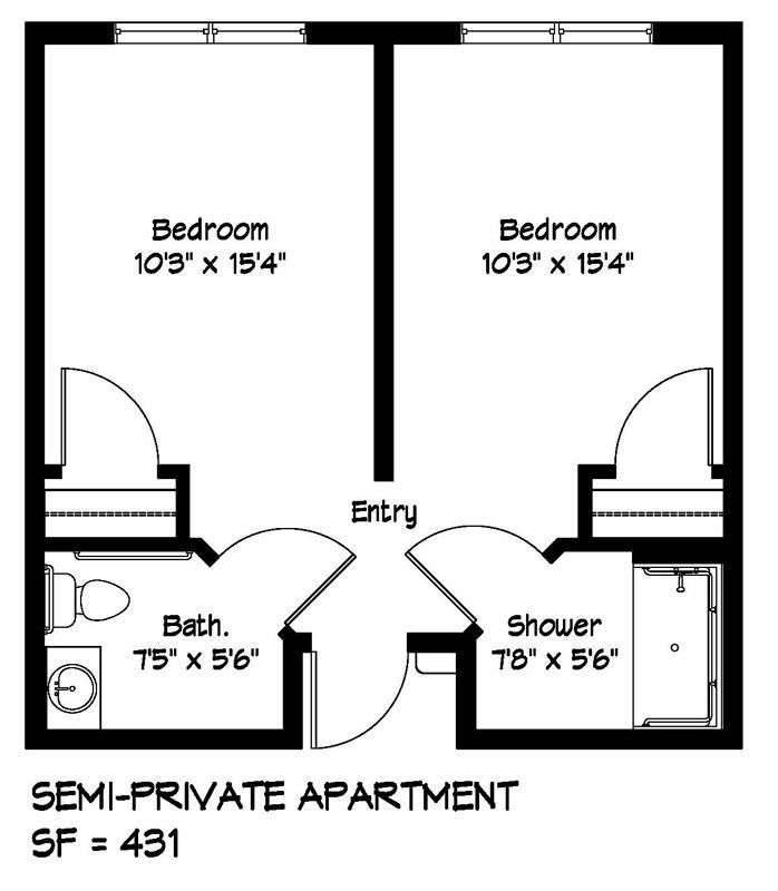 Floor plan of a semi-private apartment with two bedrooms, each with a bathroom, and a shared entry. Total 431 SF.