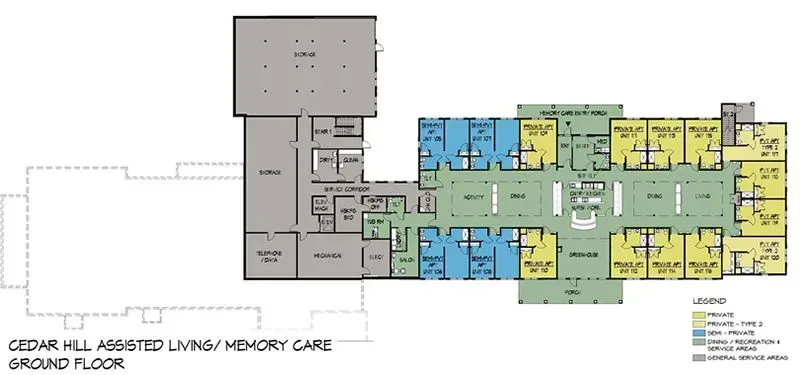 Floor plan of Cedar Hill Assisted Living/Memory Care, with colored zones for different room types.