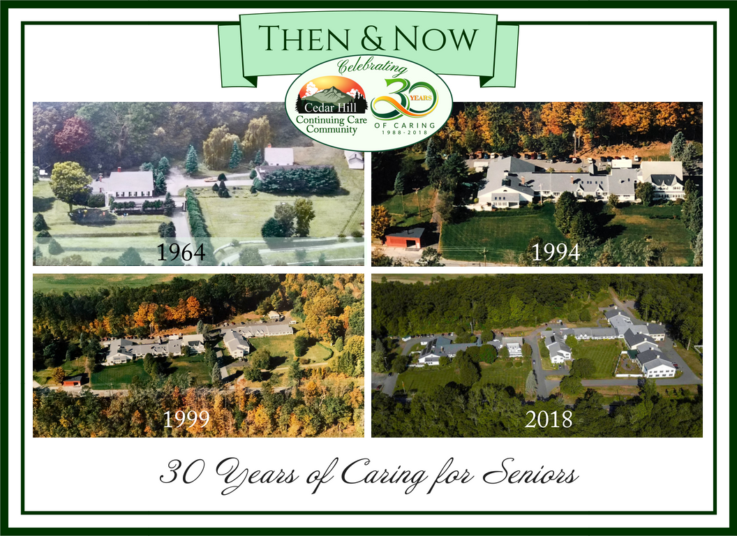 Aerial view comparison of a senior care facility over the years: 1964, 1994, 1998, and 2018, showing expansion.