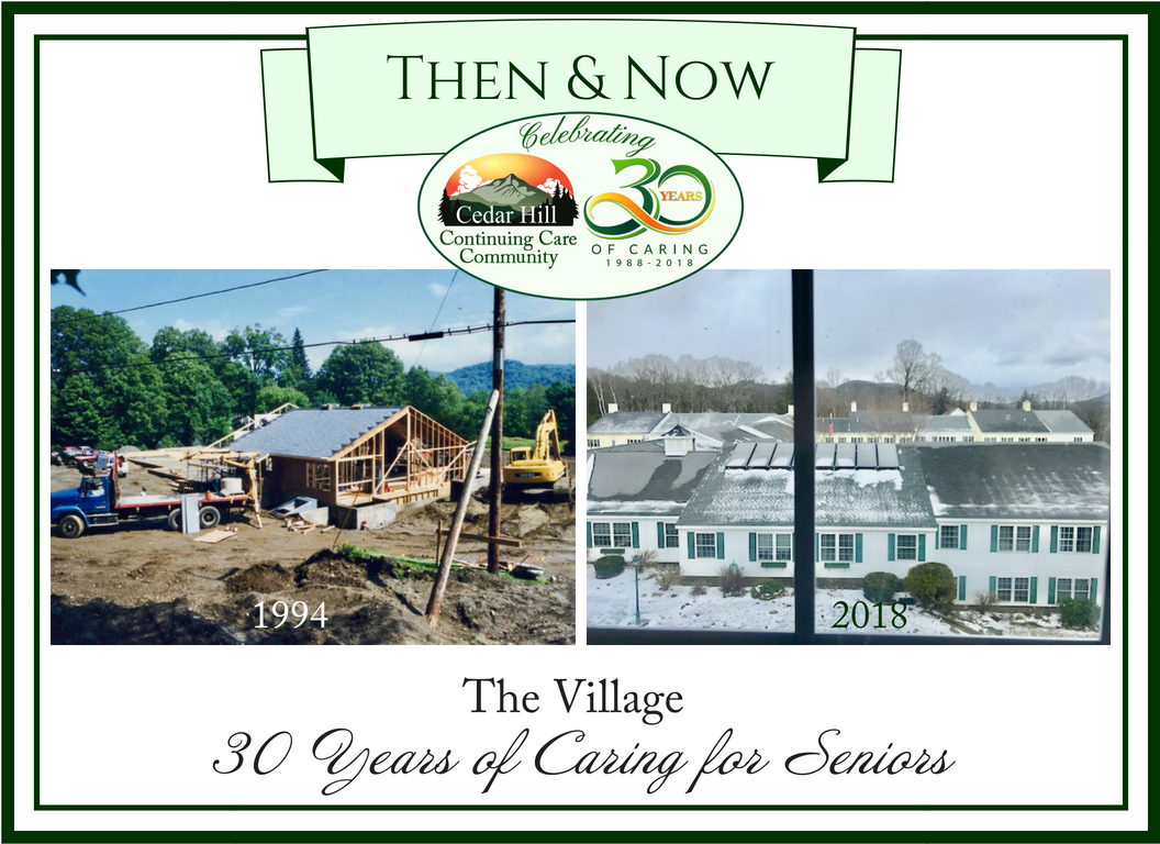 Then & Now: The Village celebrates 30 years of caring for seniors. Construction site (1994) compared to a snowy building (2016).