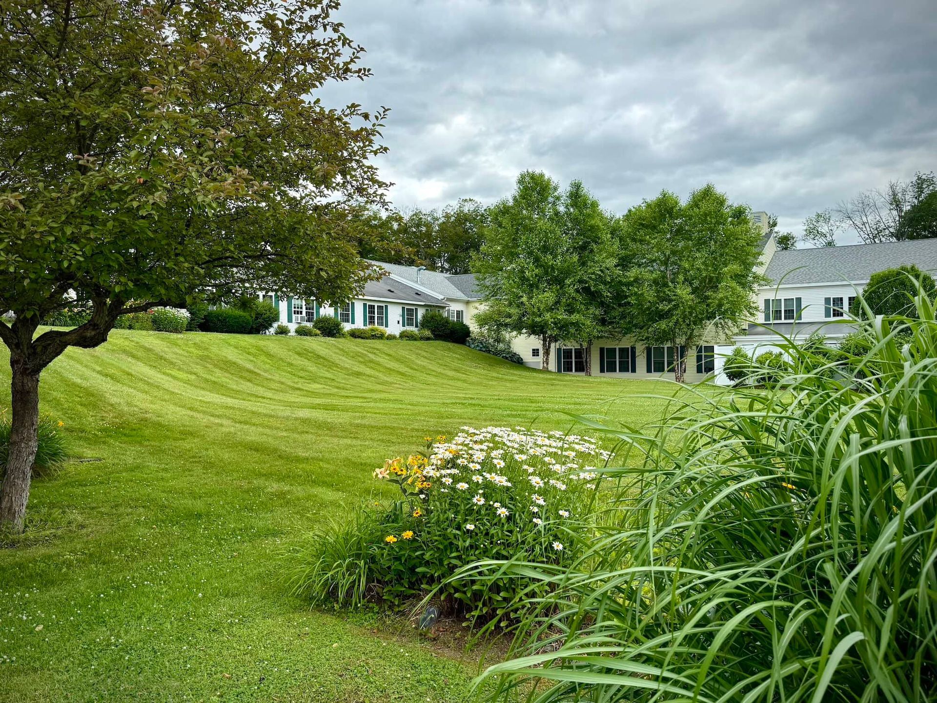 Lush green lawn with trimmed stripes, flowers, and trees leading to white buildings under a cloudy sky.