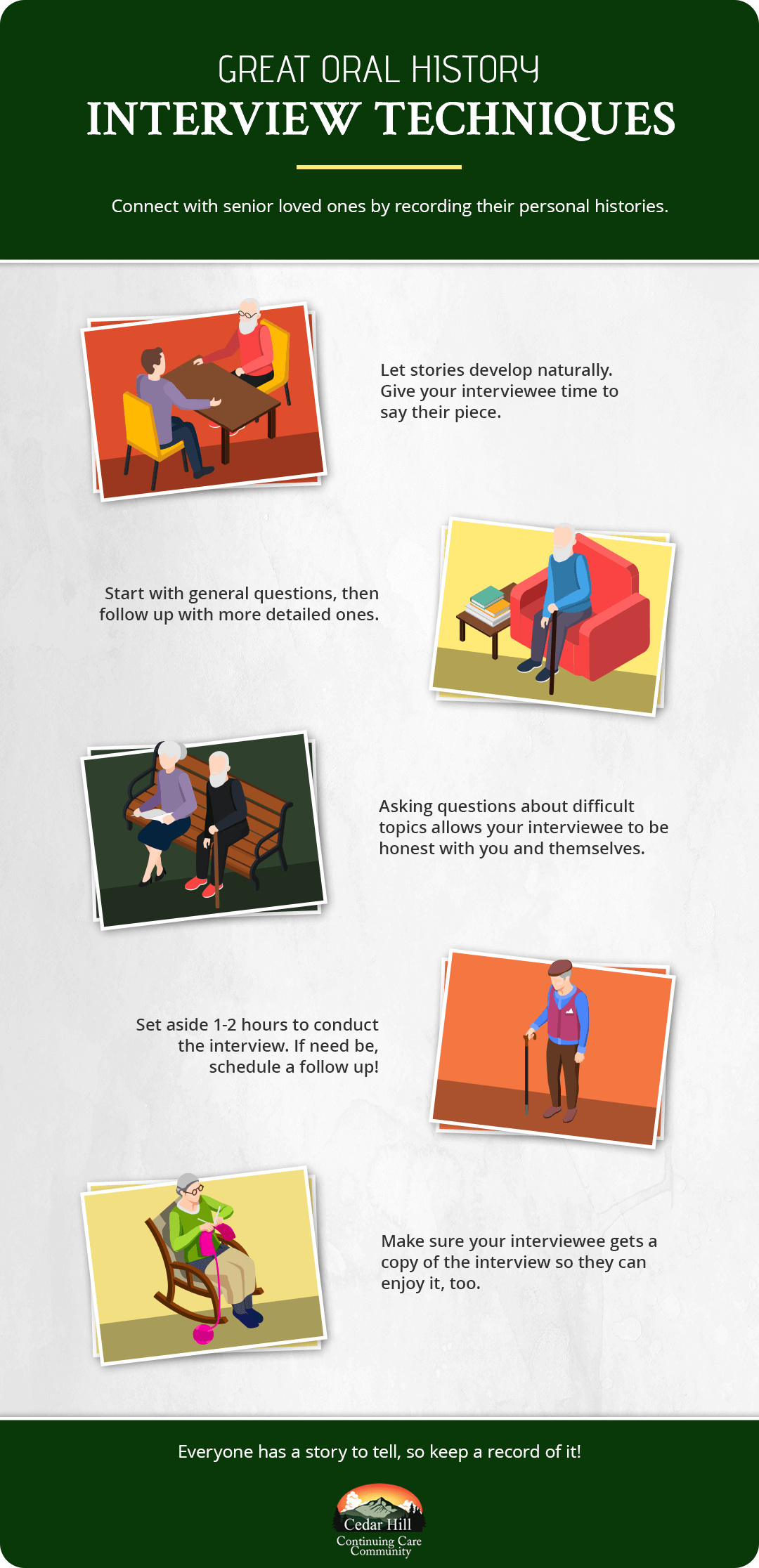 Infographic: Interview techniques for older adults with illustrations of interviewing scenarios.