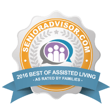 SeniorAdvisor.com award badge: 2016 Best of Assisted Living, blue ribbon, orange and gray.