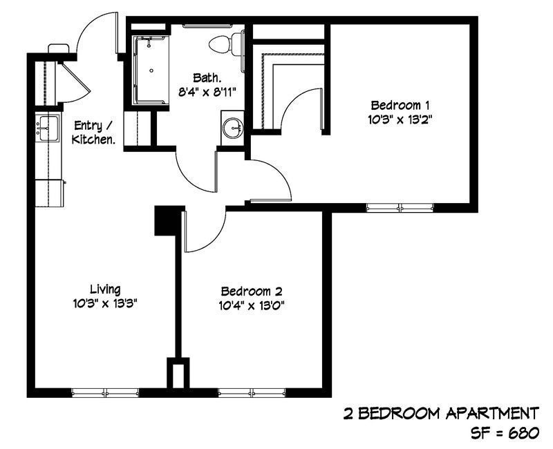 Floor plan of a 2-bedroom apartment with a kitchen, living room, and bathroom.