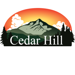 Logo for Cedar Hill: mountain scene with trees, sunset, and text.