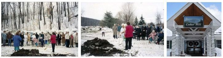 People gathered in snow for a ceremony; a building with 