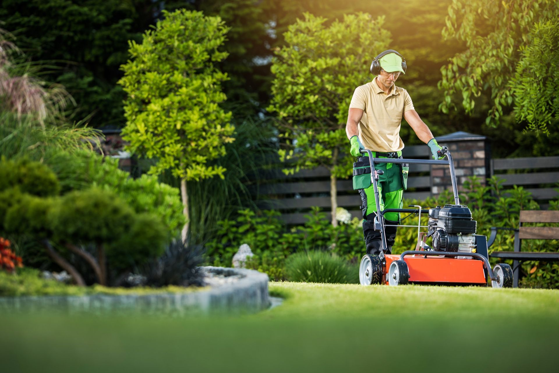Man mowing a well-manicured lawn with a red lawnmower on a sunny day in a lush garden.