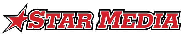 A logo for star media with a red star in the middle