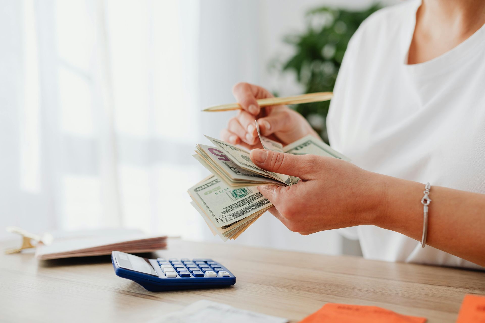 A person is holding a bunch of money in their hand.