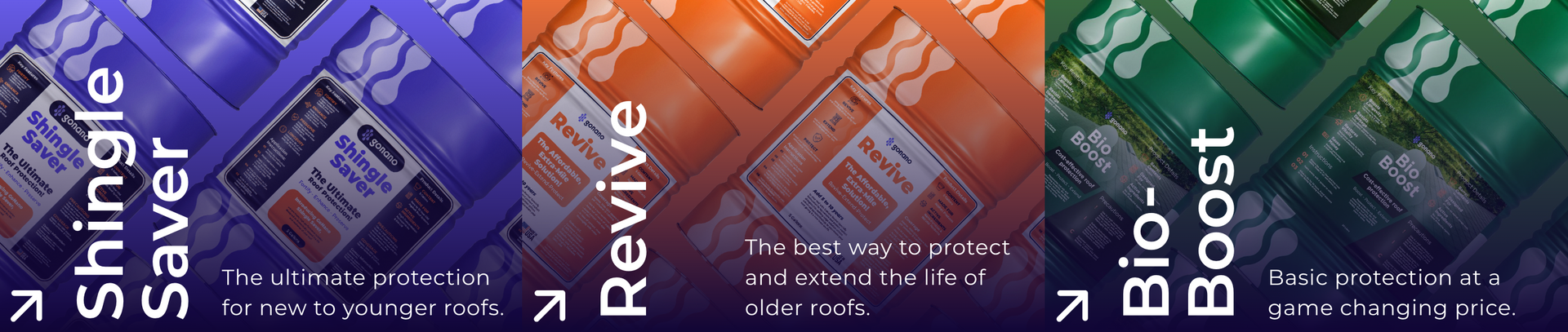 Three product tiles: Shingle Saver (blue), Revive (orange), and Bio-Boost (green).