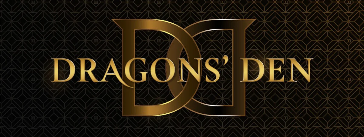 Logo for the television show Dragons' Den. Gold text on a black background.