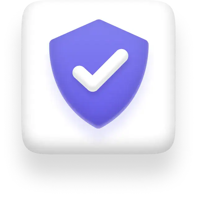Purple shield icon with white checkmark, on white rounded square.