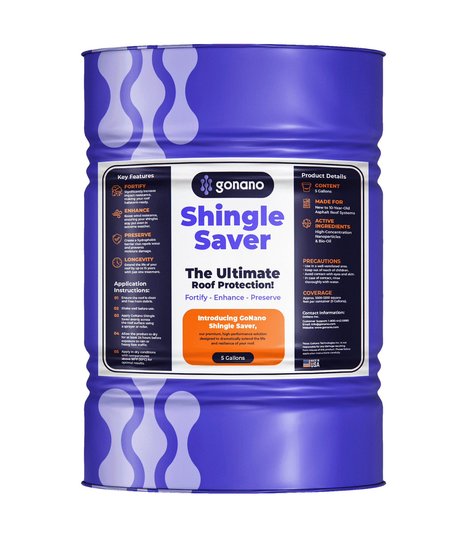 Blue barrel of Goriano Shingle Saver. Label features product name, and text: