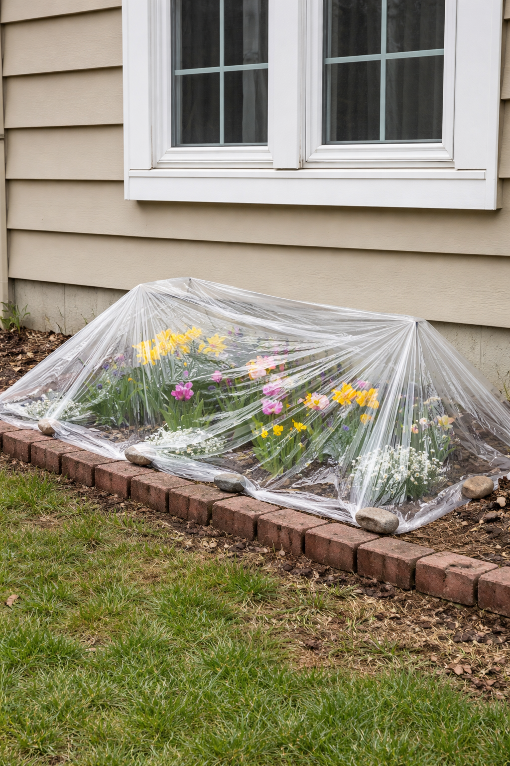 A small flower bed covered by a sheet of plastic