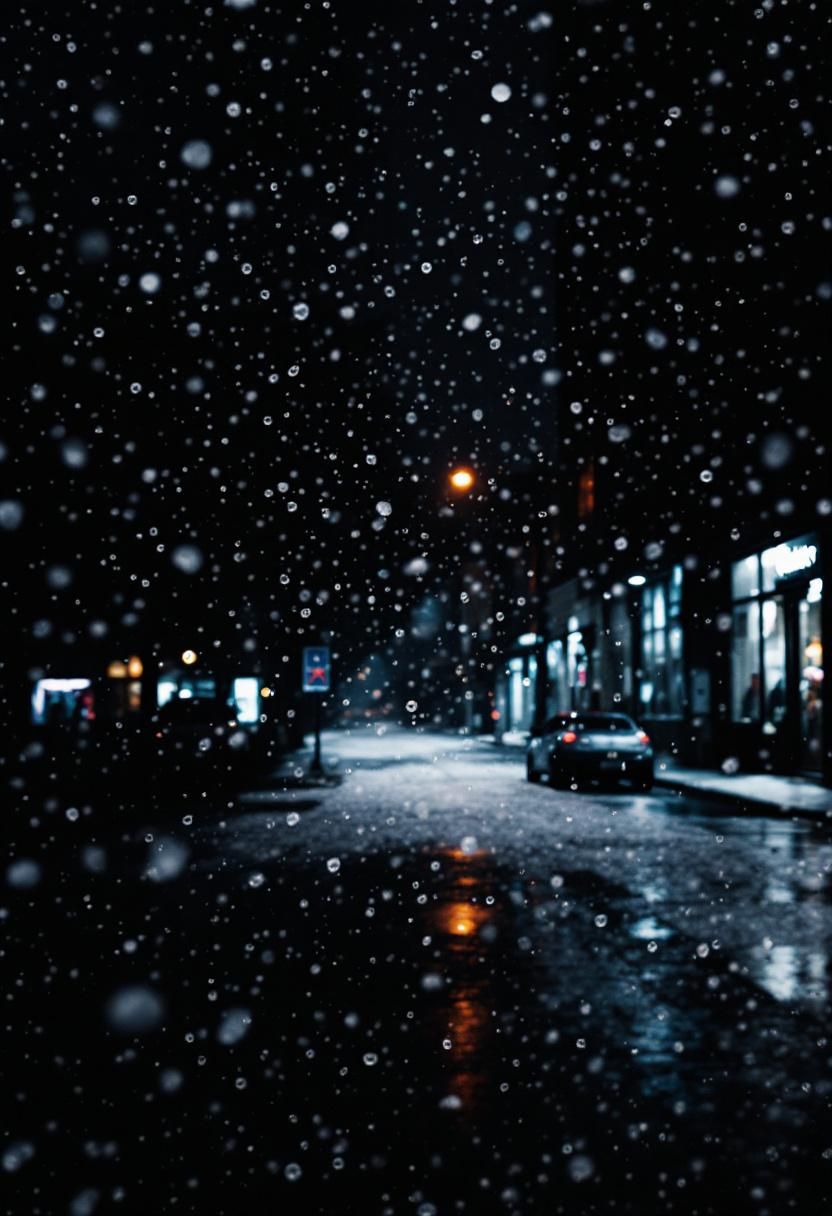 A city street at night in a sleet storm