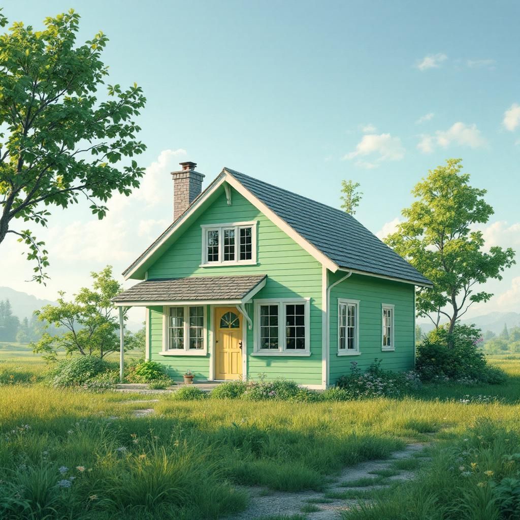 A small green house on a field outside on a sunny day