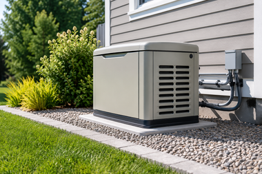 Outdoor air conditioning unit beside a house, next to gray siding and green lawn.