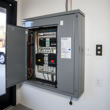Open gray electrical breaker panel on a wall, showing wiring and circuit breakers inside.