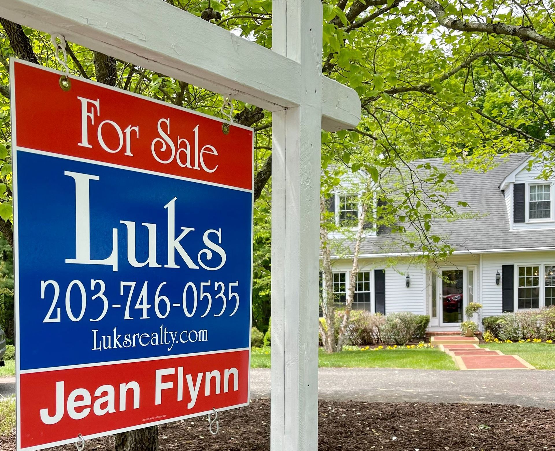 A red and blue for sale sign by jean flynn