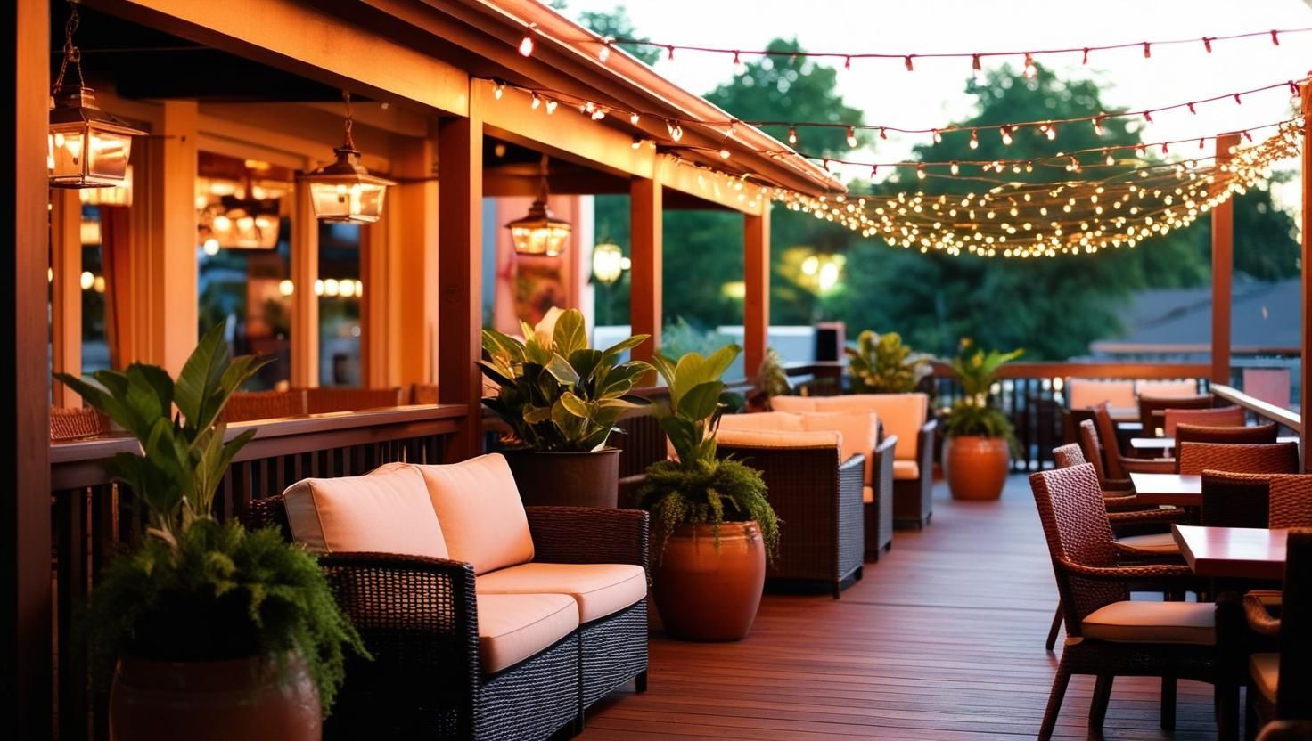 A patio with a couch , chairs , tables and potted plants.