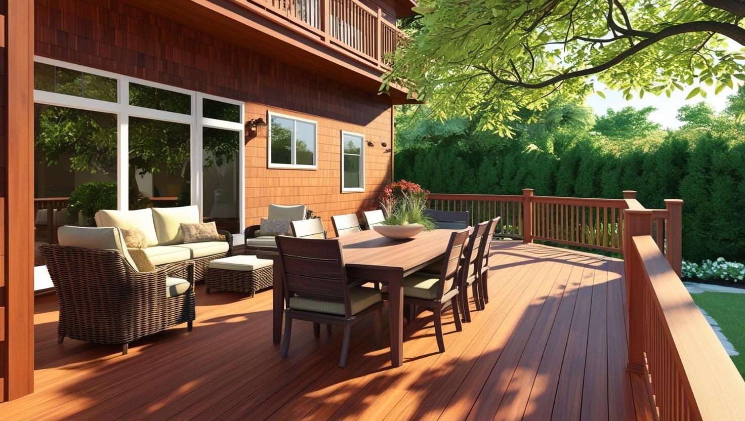 A large wooden deck with a table and chairs on it