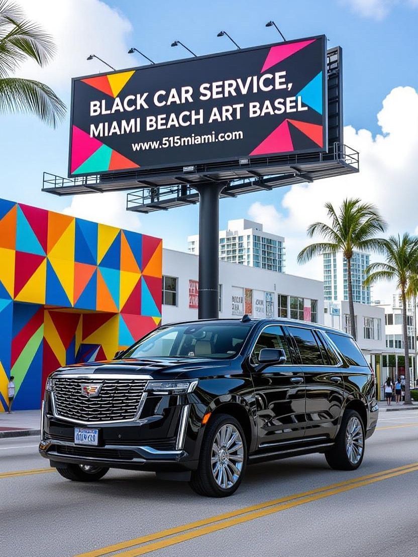 A Black Cadillac Escalade next to a billboard saying Black Car Service, Miami Beach Art Basel