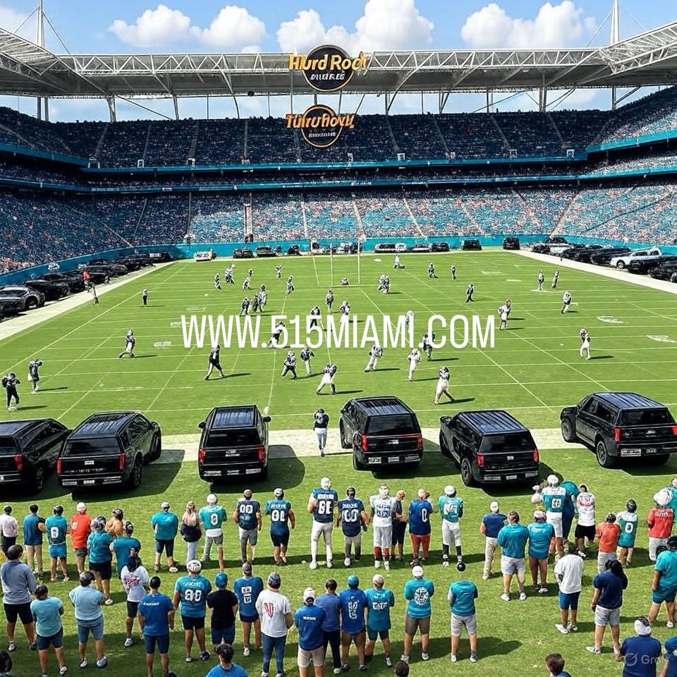 Football game at Hard Rock Stadium; players on field, fans watching, black SUVs parked.