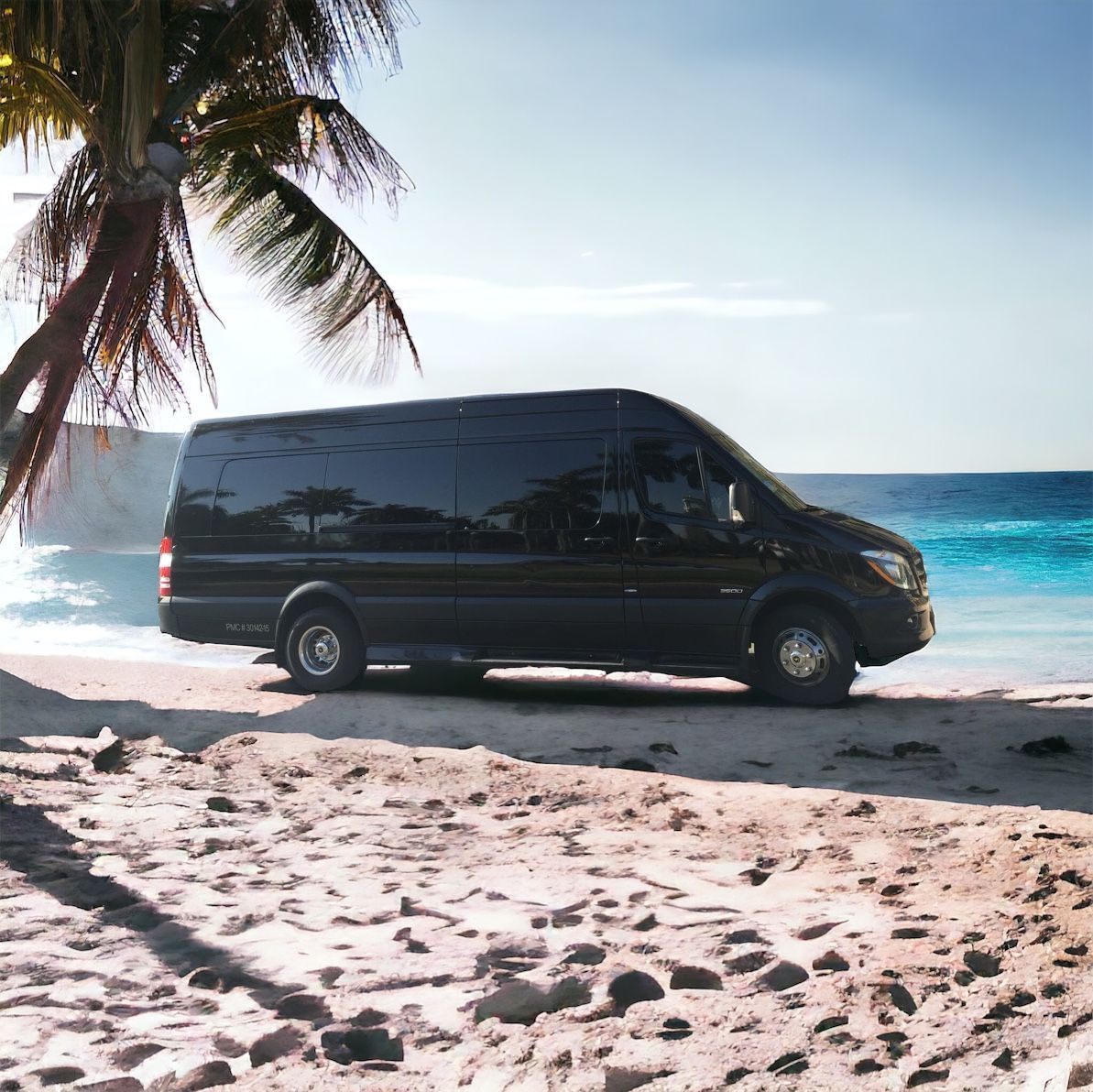 A black executive mercedes sprinter is parked on the beach next to a palm tree.