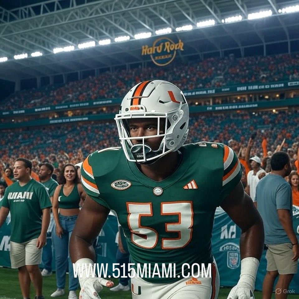 Miami Hurricanes football player in green and orange jersey at Hard Rock Stadium.