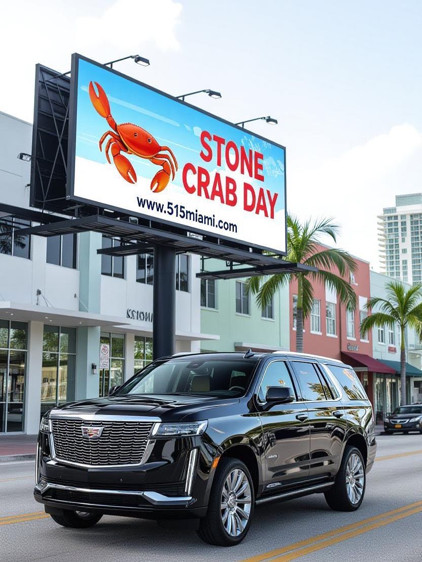 Black SUV drives on street with a billboard advertising 