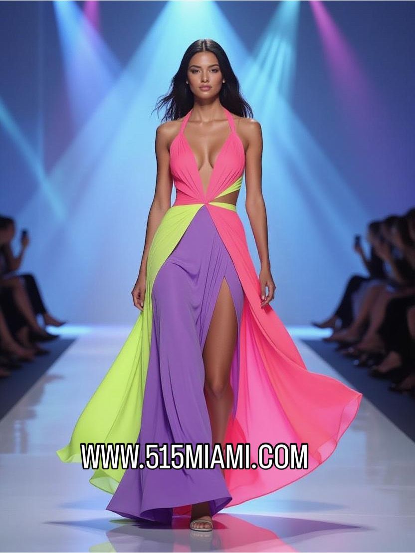 Woman modeling a colorful gown on a runway. The dress is pink, purple, and green.