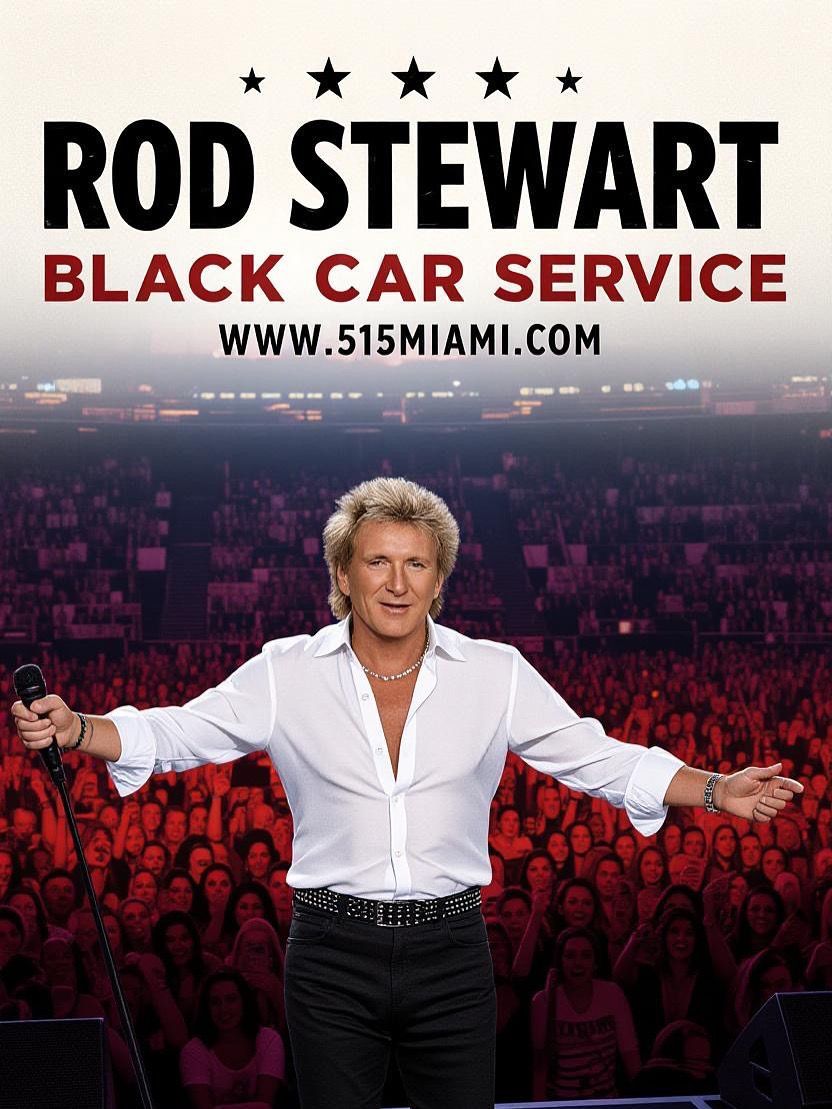 Rod Stewart on stage in concert.  He is wearing a white shirt and black pants. Website listed is 515Miami.com.