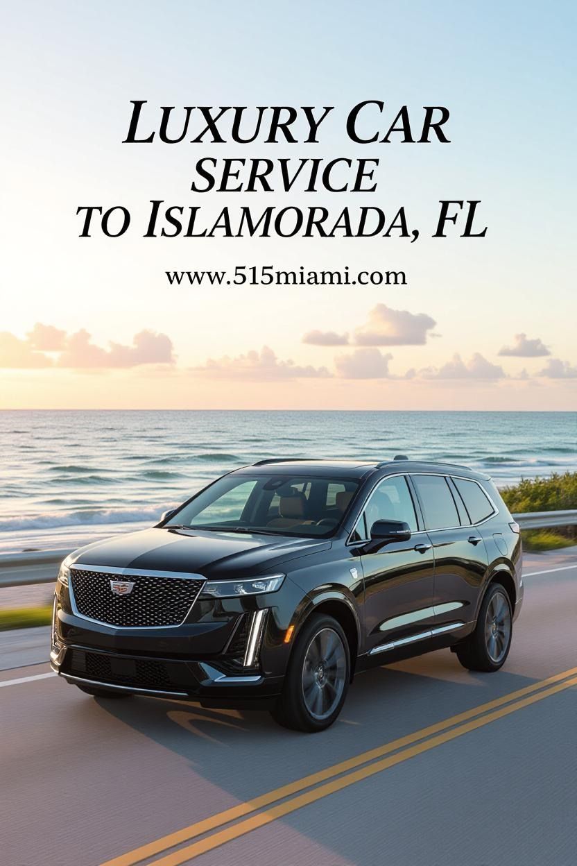 Black SUV on coastal road, advertisement for luxury car service to Islamorada, FL.