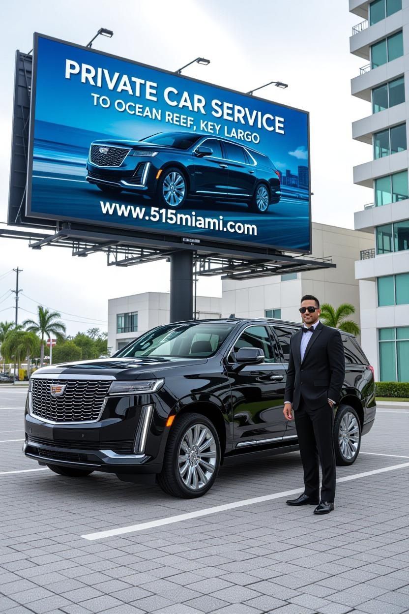 Man in suit stands next to black Cadillac SUV under billboard advertising private car service.