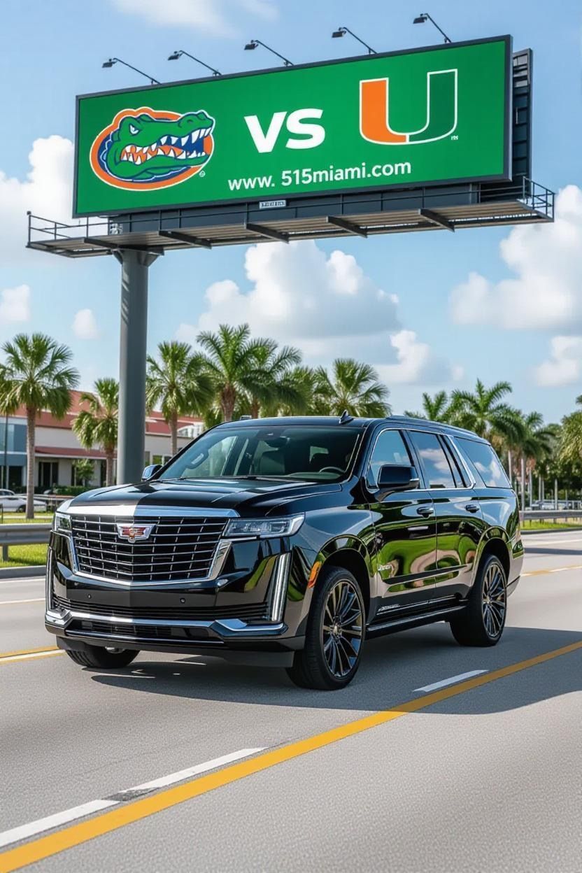 Black SUV driving past a billboard for the Florida Gators vs. Miami Hurricanes game.