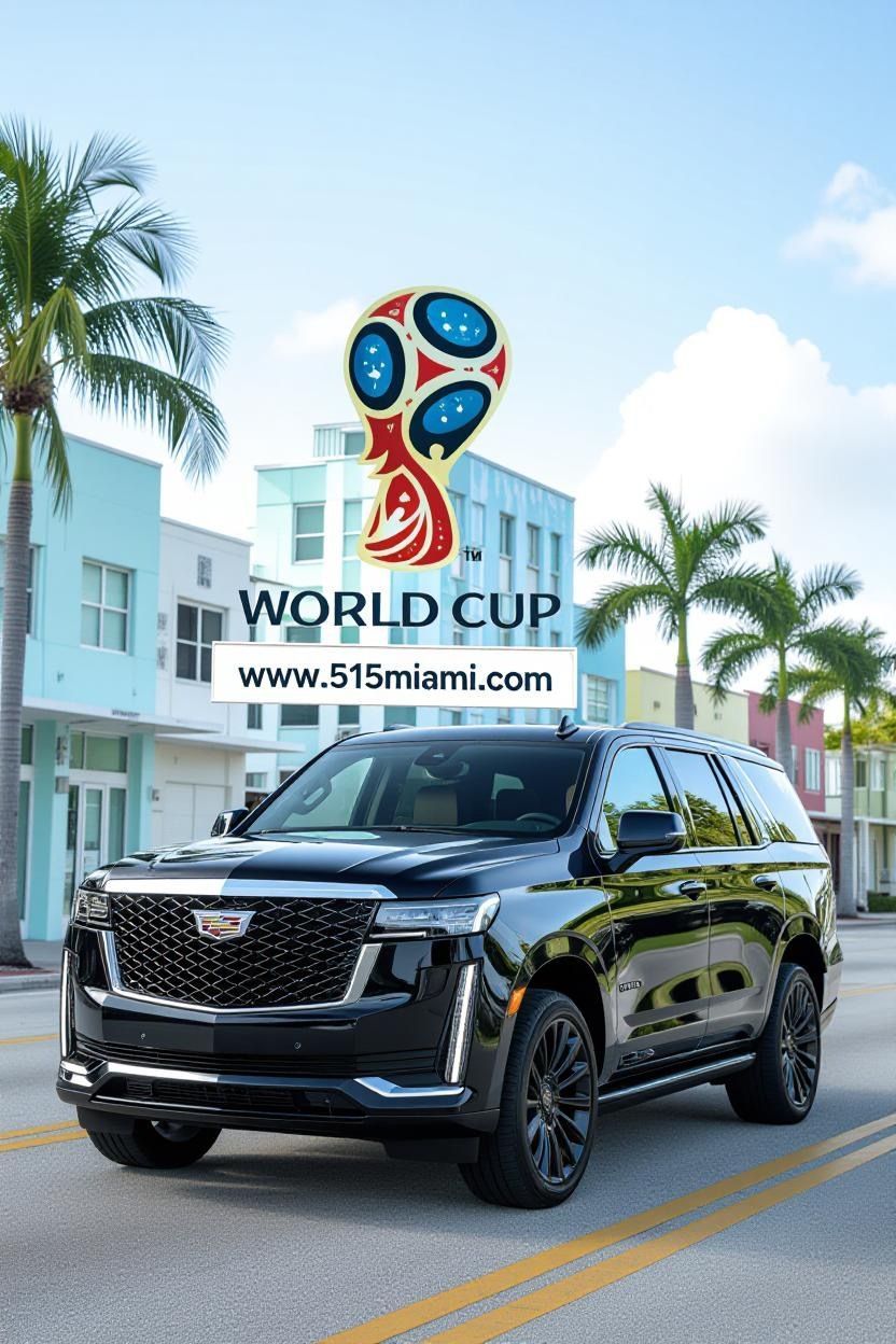 Black Cadillac SUV with World Cup logo in Miami.