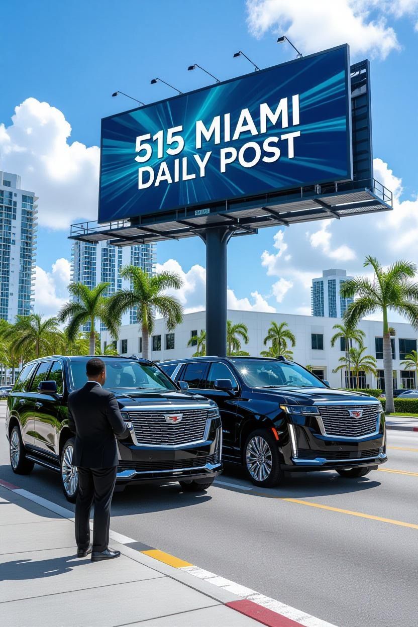 Man in suit stands near two black SUVs in front of a Miami Daily Post billboard on a sunny day.