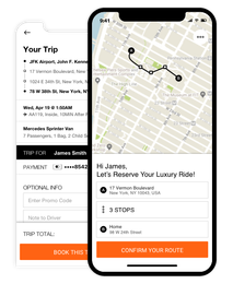Two mobile app screens showing a trip itinerary. One shows trip details and the other confirms the route with a map.