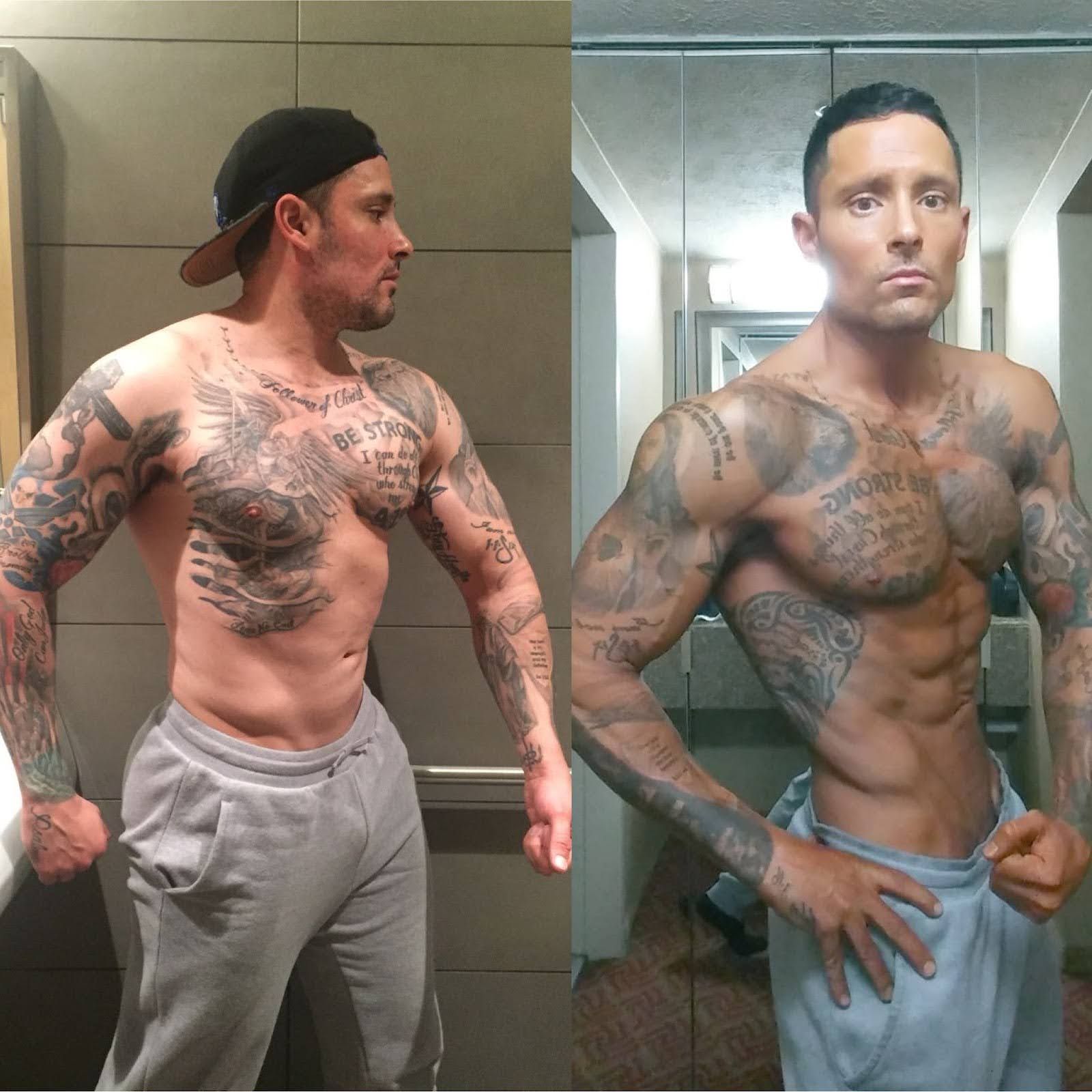 A man is helping a woman lift dumbbells on a bench.