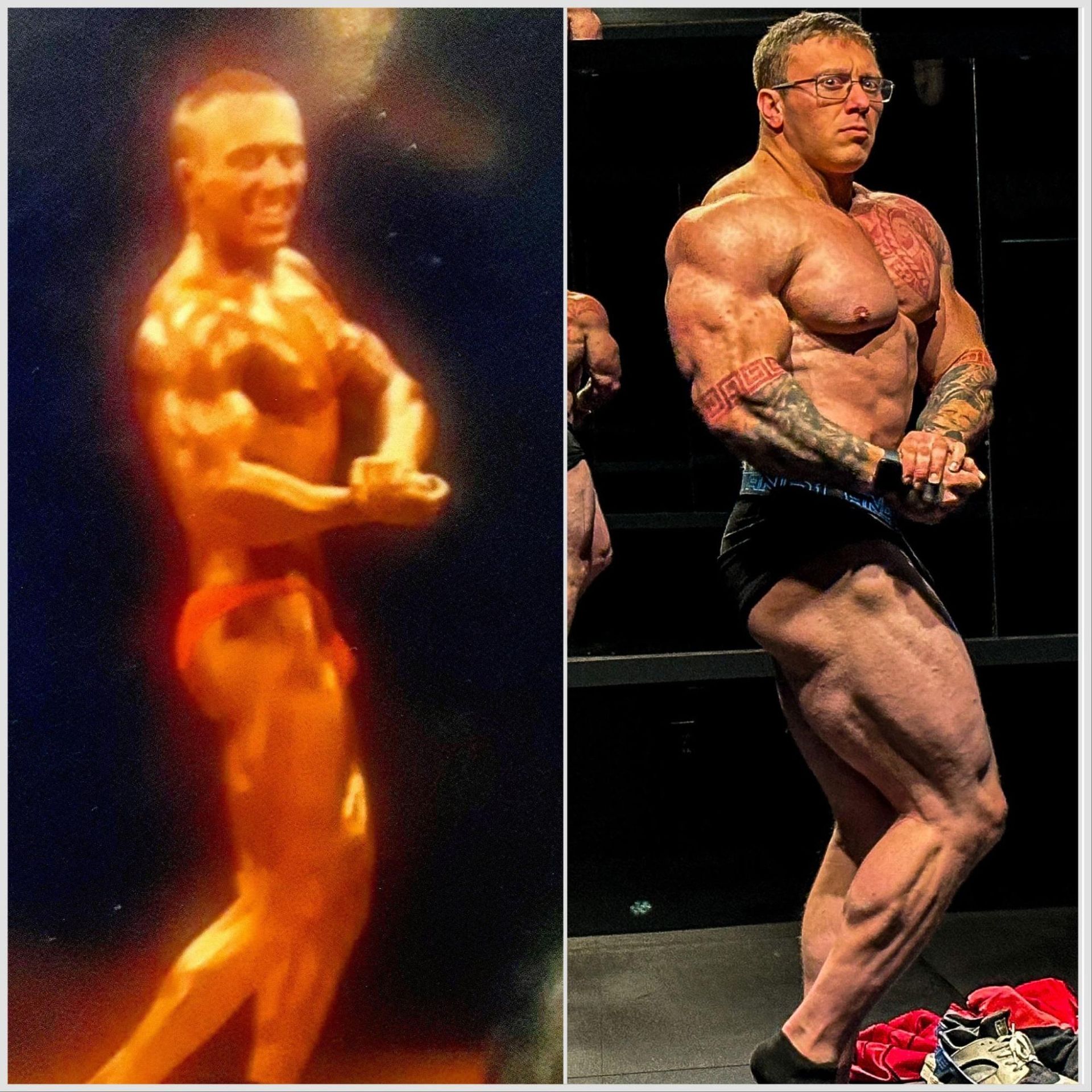 A picture of a bodybuilder before and after a competition