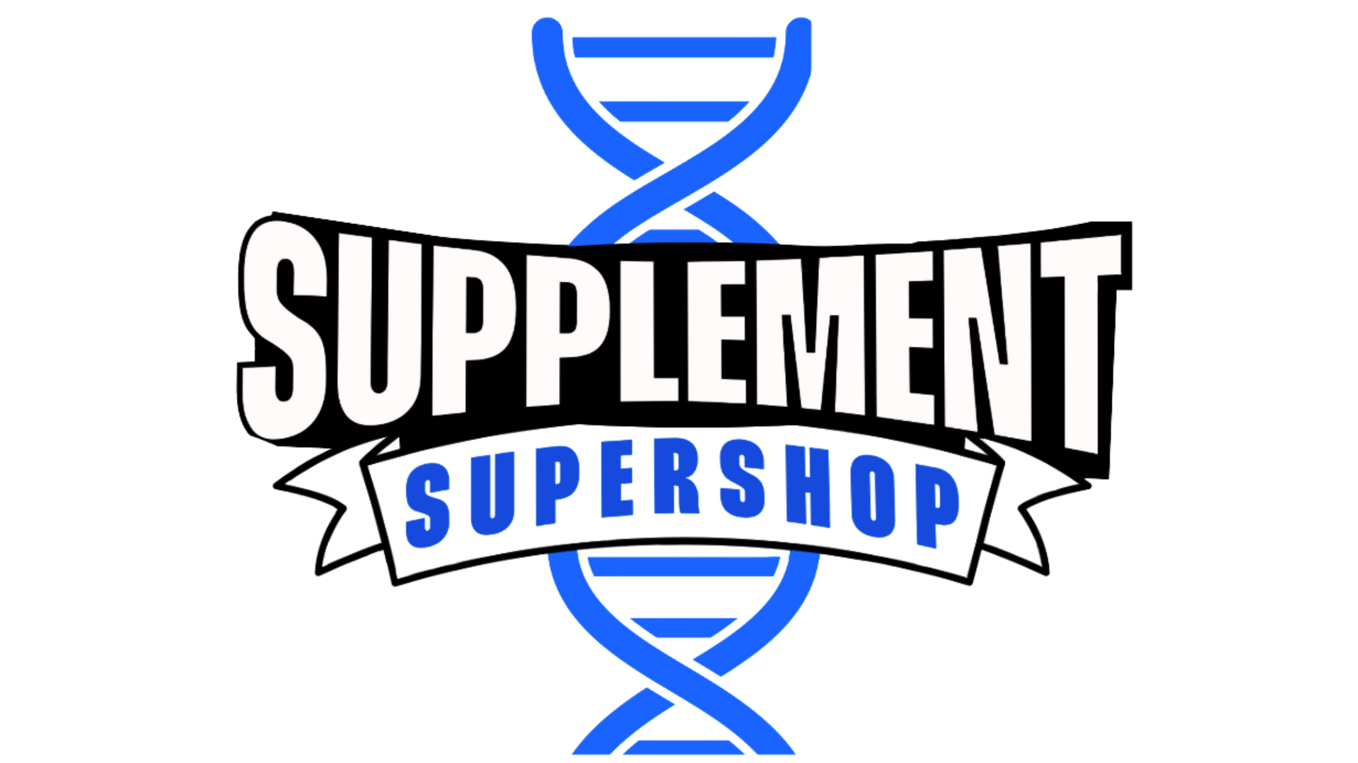 Supplement Super Shop logo with blue DNA helix and bold black and blue text