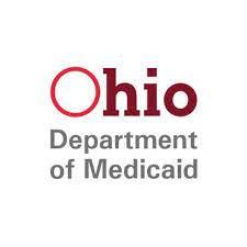 The logo for the ohio department of medicaid is red and white.
