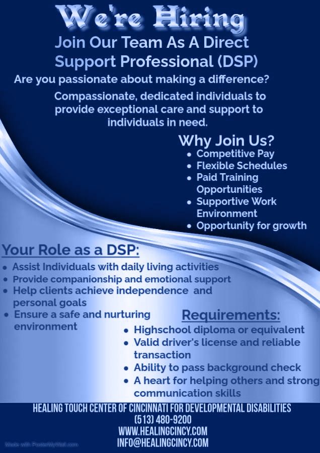 A flyer that says we 're hiring join our team as a direct support professional