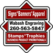Logo for Wabash Engraving: burgundy and white text on a geometric shape, advertising signs, banners, apparel, stamps, trophies, and promotional products.