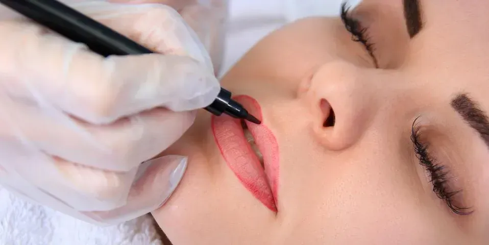 a woman is getting a permanent makeup tattoo on her lips .