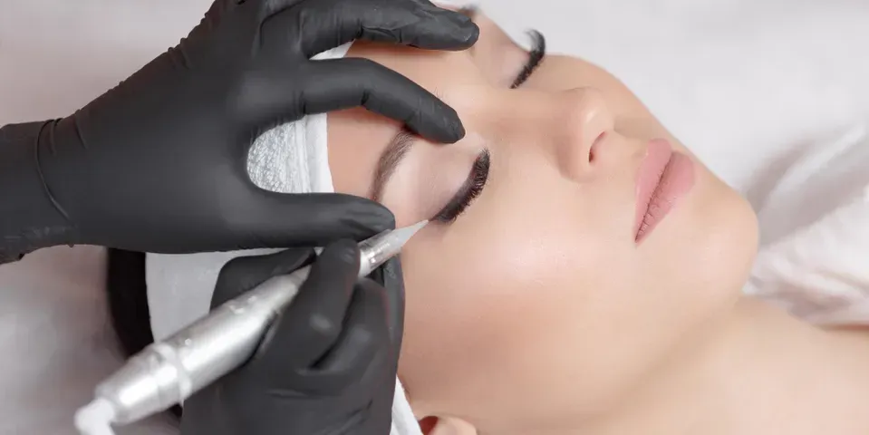 a woman is getting eyeliner tattooed on her eye