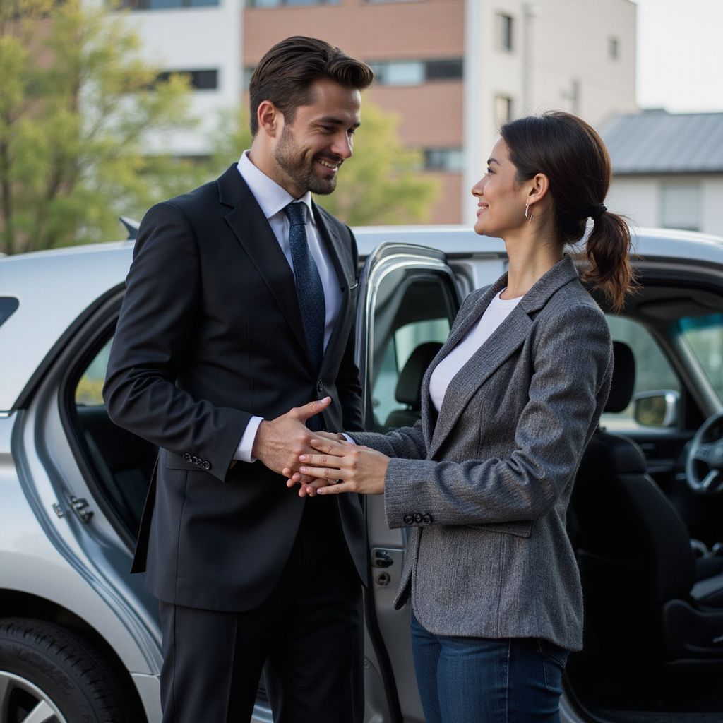 A man in a suit shakes hands with a woman by a car. They are smiling outside a building.