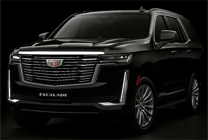 Black Cadillac Escalade SUV parked, front view.